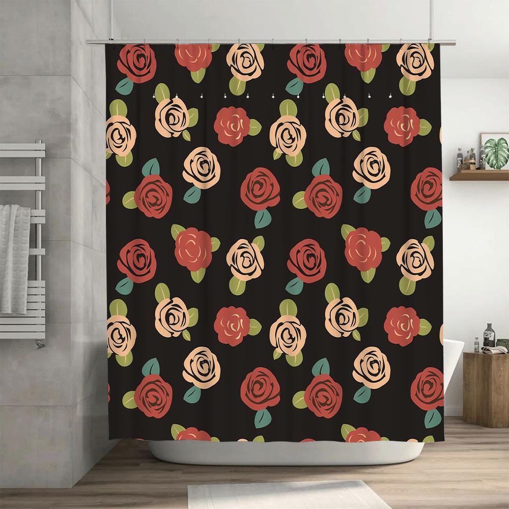 Vintage Floral Shower Curtain Waterproof Bathroom Decor Wall Hanging Black Red Pink Green Leaves Pattern Size 180x240cm