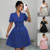 Imported Women's Dress, Waist-Defined Double-Button Gown