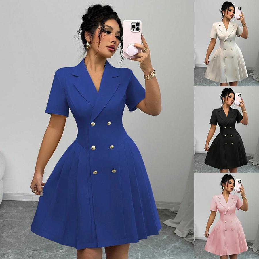 Imported Women's Dress, Waist-Defined Double-Button Gown