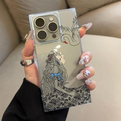 Clear Square Back Tube Case Protection For iPhone 13 11 15 Plus 14 Pro Max 16 ProMax 12 Anti-Oxygen,Crane Beauty Pattern Casing