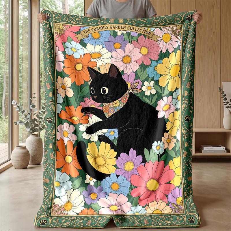 Black Cat in Basket blanket Personalized Name Flannel Blanket Soft Cozy Plush Throw for Sofa Bed Lightweight Home Decor