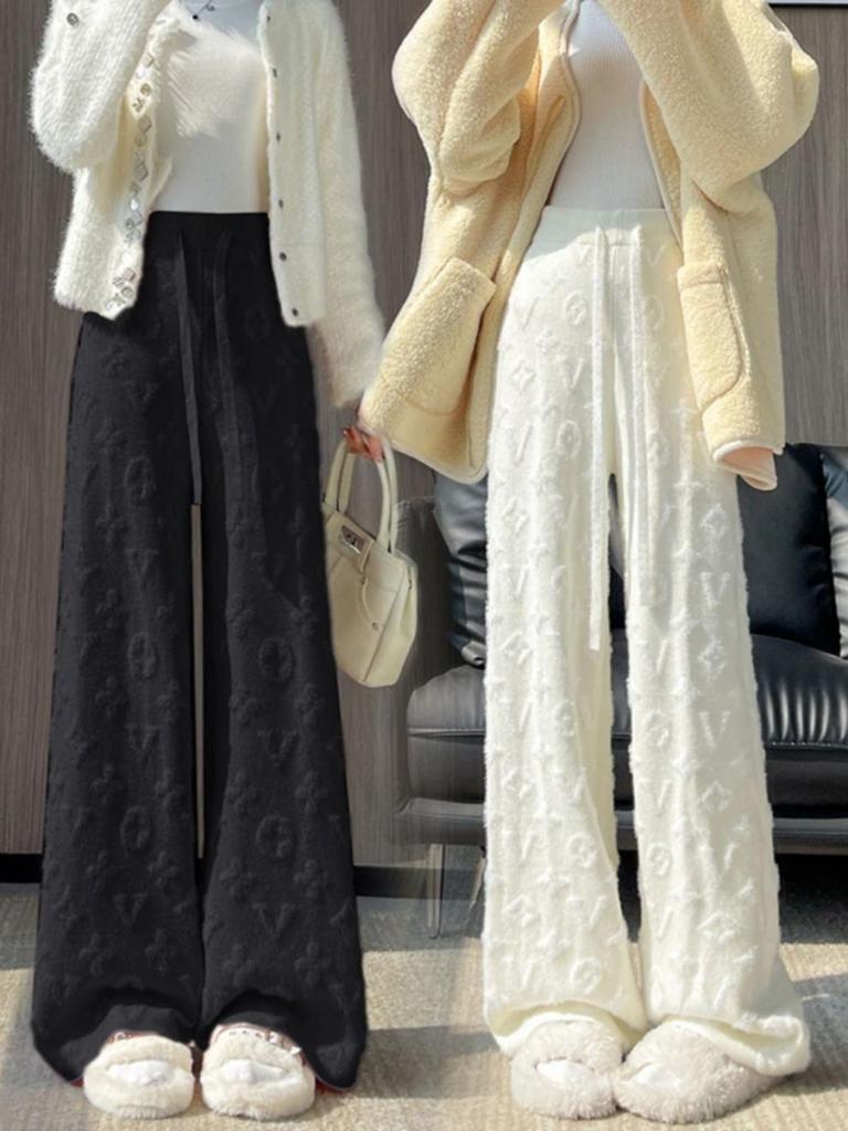 Women's White Mink Knit High-Waisted Fleece-Lined Wide-Leg Pants, 2024 Autumn/Winter Casual Floor-Length.