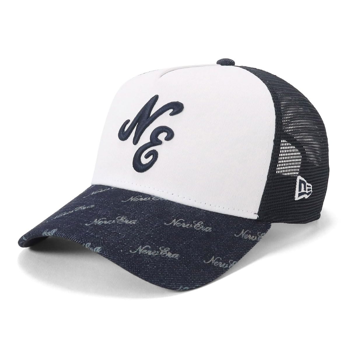 

New Era Denim Monogram Mesh ONSPOTZ Free 9Forty Trucker Denim Monogram Classic NE 9FORTYA-FRAME Cap, Exclusive, White/Indigo Denim, Shipping, A-Frame