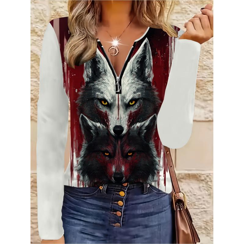 Women's Wolf Head Print Zipper Long Sleeve Crew Neck Top