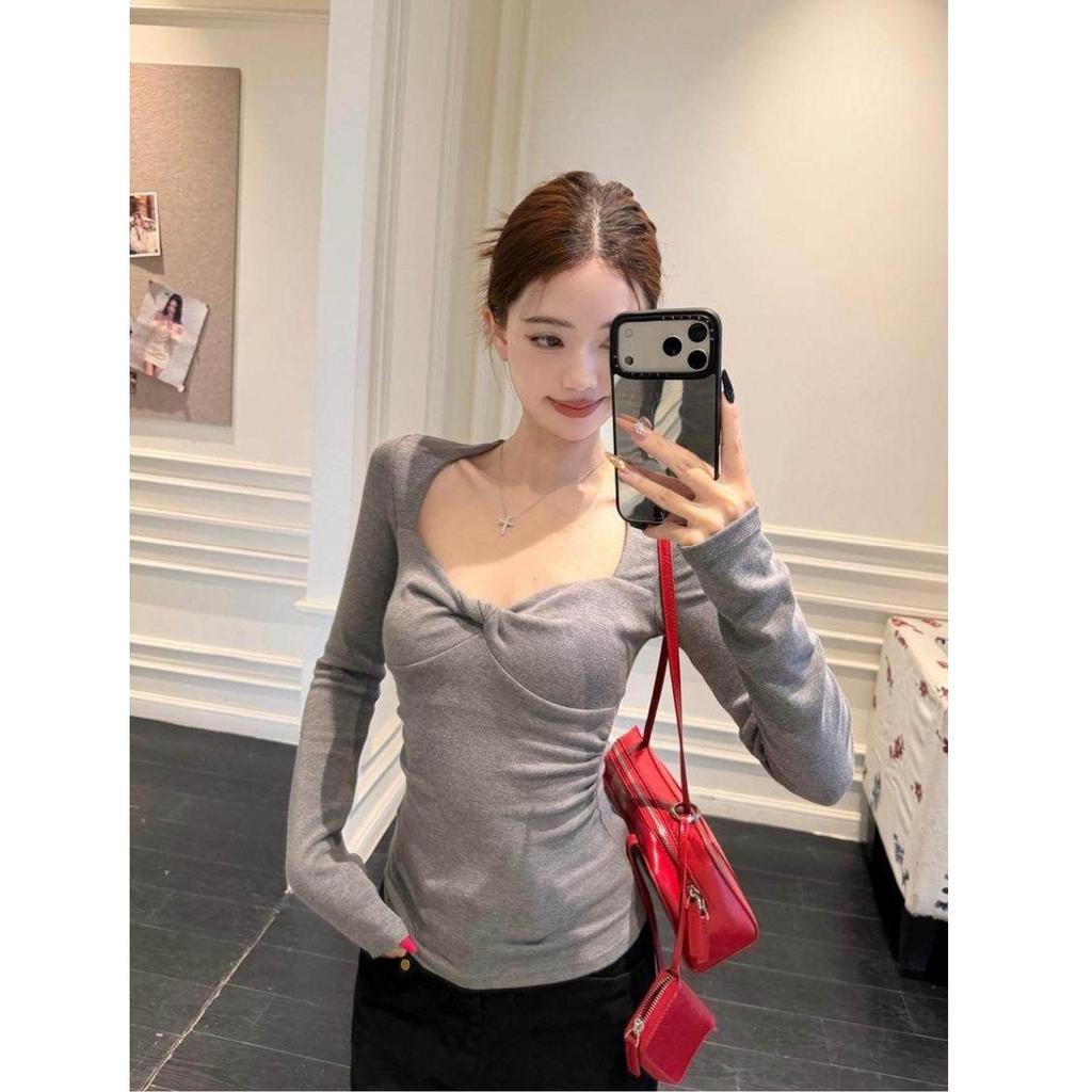Chic Winter Women's Square Neck Slimming Knot Waist Long Sleeve Top