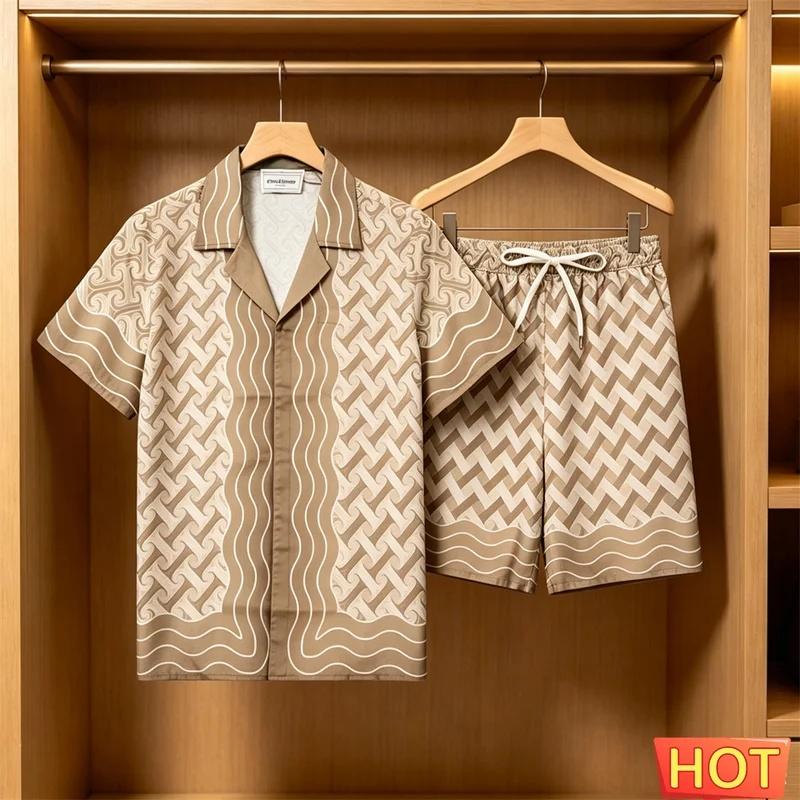 Men's Summer Set Fashion 3D Striped Print Short-Sleeve Shirt and Shorts