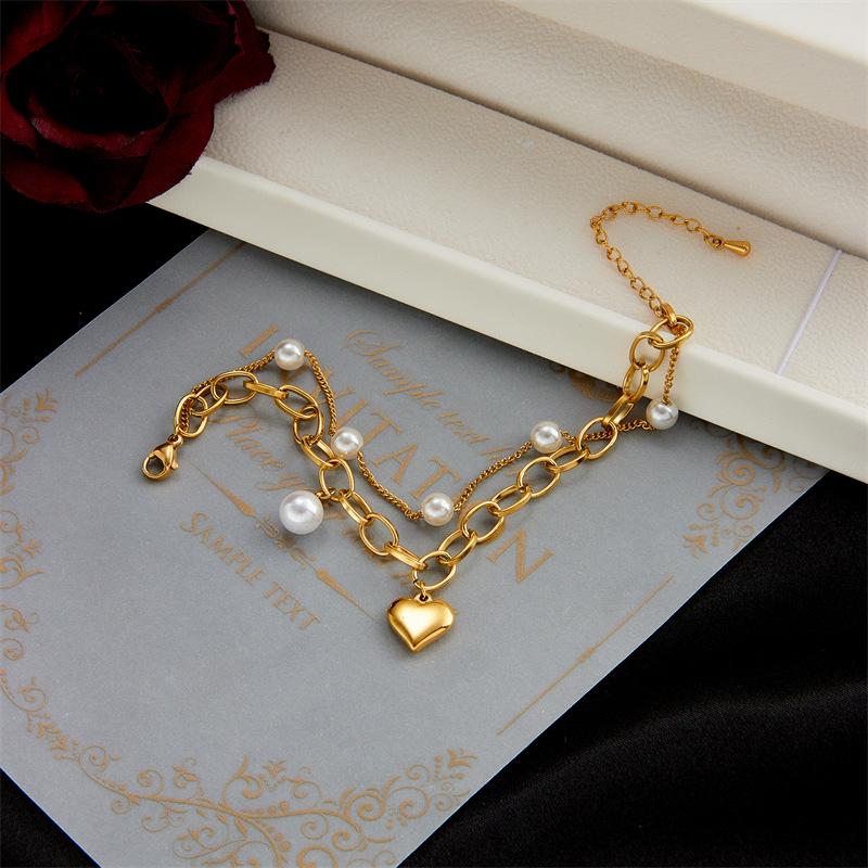 Gold Plated Stainless Steel Double Layer Pearl Heart Charm Bracelet For Women