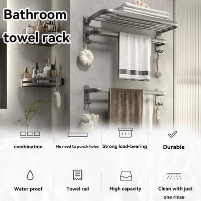 Bathroom Towel Rack No Punching Bathroom Storage Rack Wall-mounted Foldable Bath Towel Storage Rack