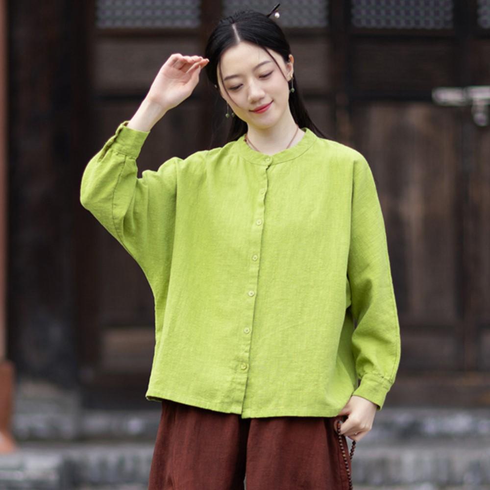 Johnature Women Vintage Shirts Tops Spring Chinese Style Stand Long Sleeve Solid Color Loose Shirts