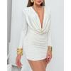 2026 new swing neck deep V long sleeve tight mini hip wrap dress sexy pleated skirt