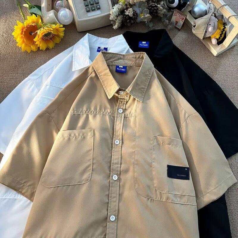 

Унисекс Гонконгская Ретро Рубашка Свободного Кроя с Коротким Рукавом: Трендовый, Повседневный Летний Стиль M хаки