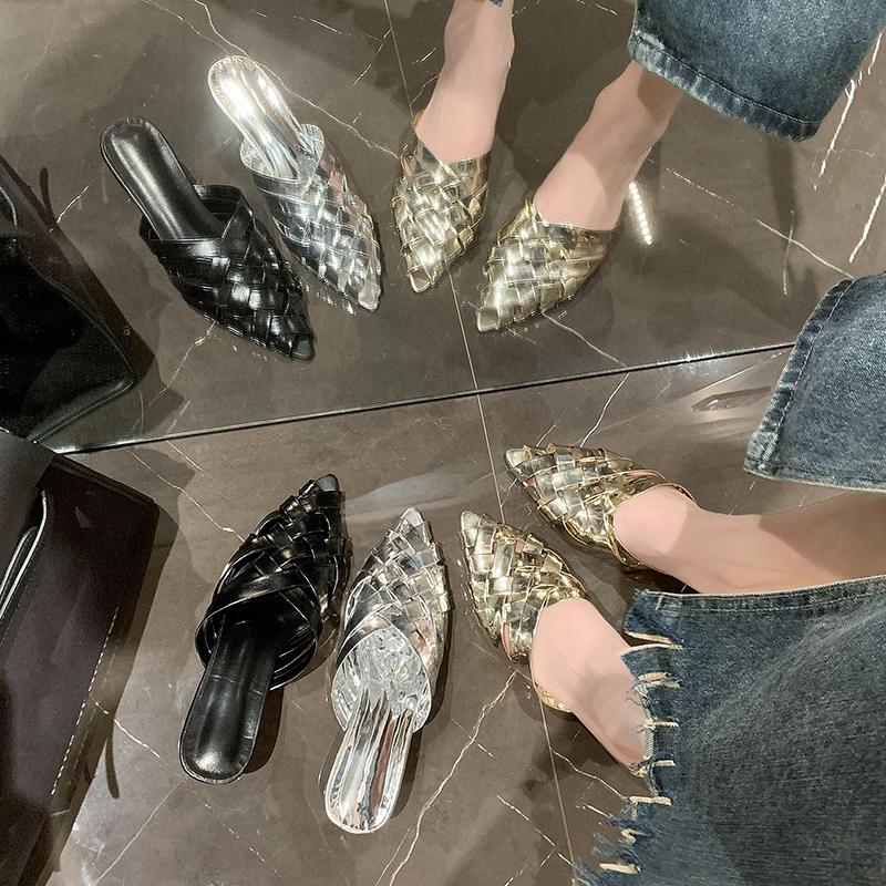 Fashion Summer Women Slipper Fashion Weave Pointed Toe Slip On Ladies Mules Shoes Flat Heel Sandal Shoes Dress Slides Mujer