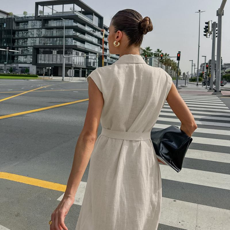 LYRIA French Style Suit Collar Belt Office Dress Fashion New Long Dress