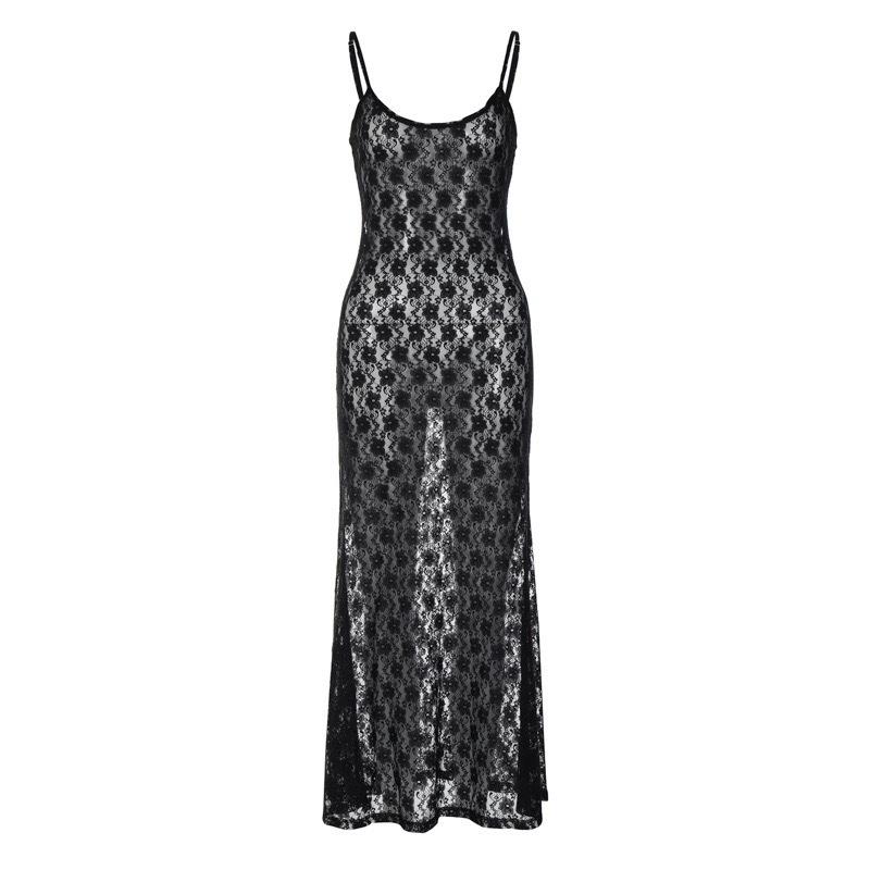 European & American Style Lace See-Through Backless Suspender Dress