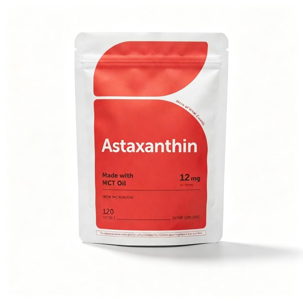 Doplněk Astaxanthin 12 mg – Čerstvé mikrořasy, Měkké tobolky snadno polykatelné – 120 kusů