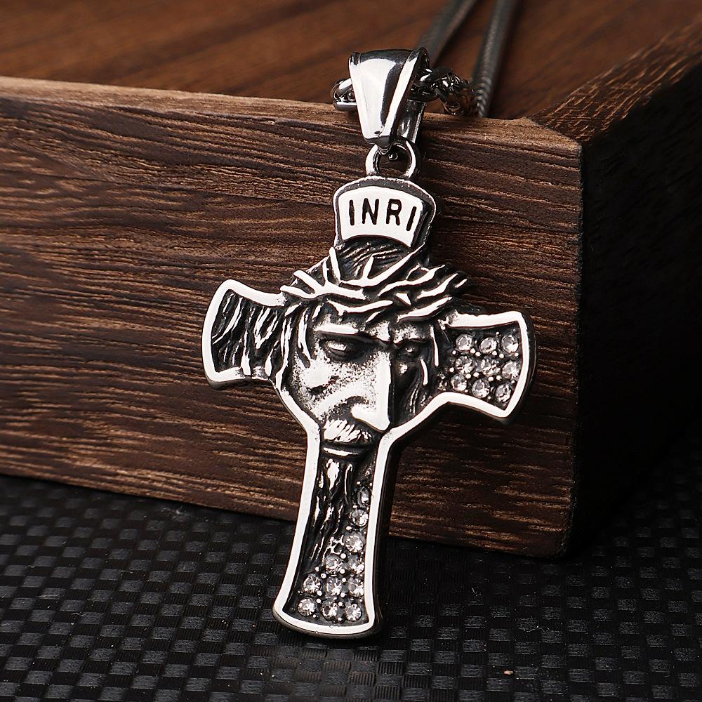 Vintage Stainless Steel Cross Necklace Pendant Portrait Titanium Steel Jewelry Hip Hop Style