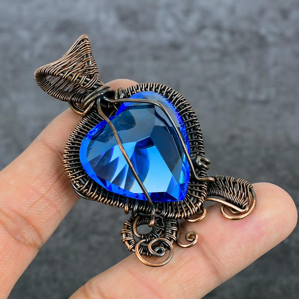 Blue Topaz Handmade Copper Wire Wrap Jewelry Pendant 2.56" c5P57