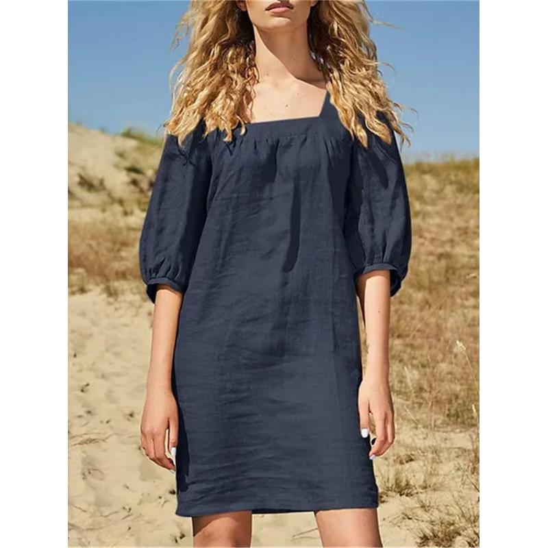 

Women Square Neck Puff Sleeve Casual Loose Mini Dress Beach Sundress 4XL синій