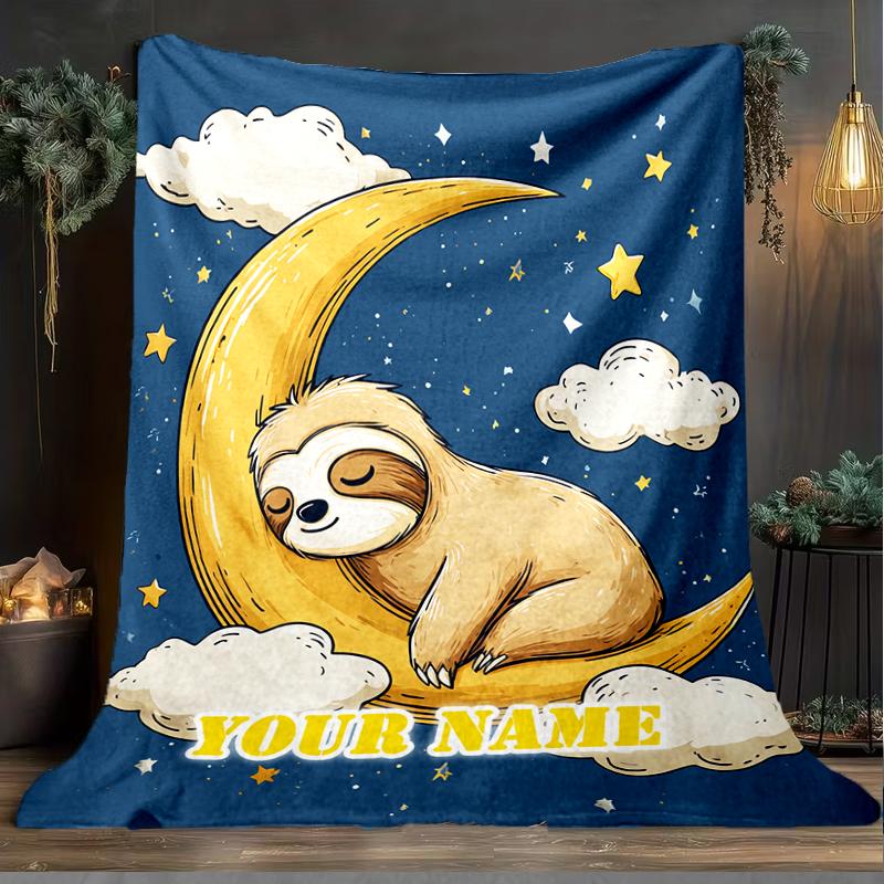 1PC Custom Name Sloth Dreams Moon outdooor Flannel blankets Patterns Throw Blanket All-Season Soft Gift for Couch, Bed, Camping gifts