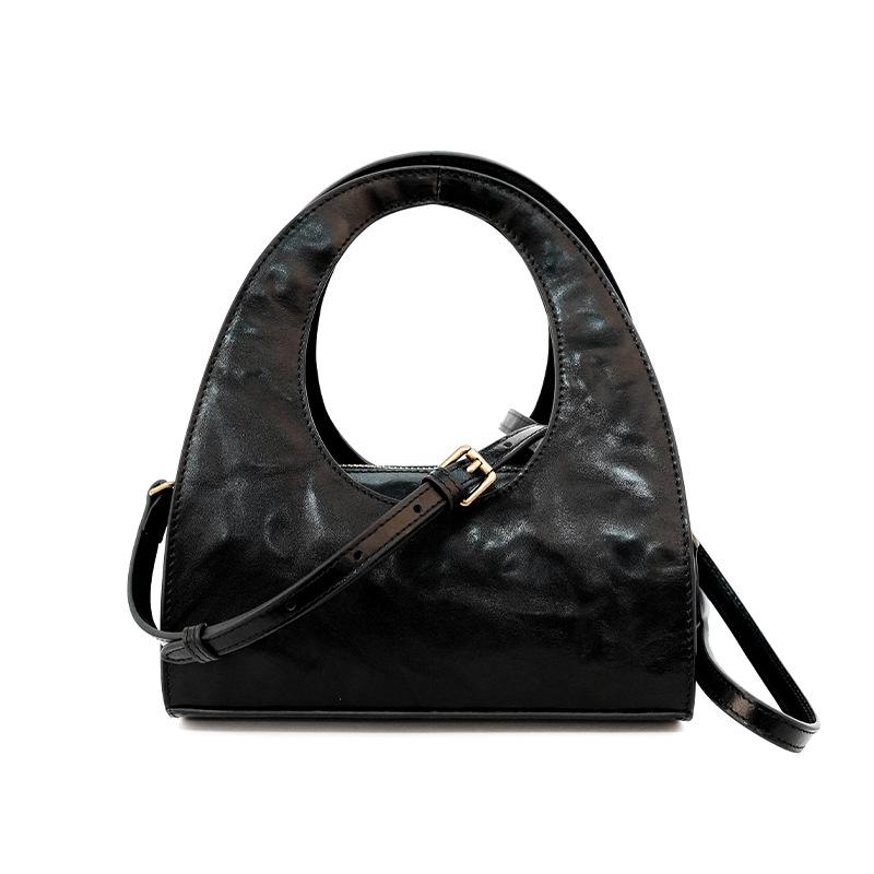 Top Layer Cowhide Niche Design Handbag New Retro Semi-circular Element Crossbody Bag Hand Grip Pattern Cowhide Handbag
