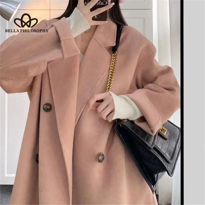 Cappotto di Lana di Media Lunghezza Stile Coreano Cappotto di Lana Doppiopetto Cappotto Coreano con Revers Largo