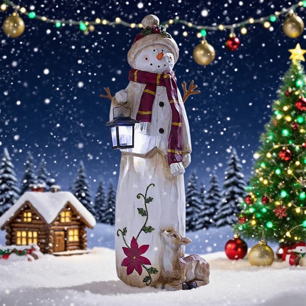 Christmas Decoration Vintage Snowman Figurine with Lantern Handmade Resin Statue for Outdoor Christmas Decor for Indoor Home