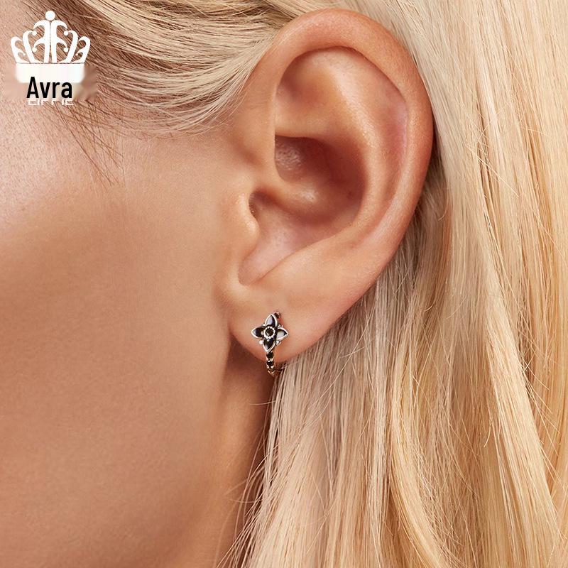 Elegant Black & White Retro Floral Earrings, S925 Sterling Silver Oxidized, Versatile Jewelry for Women