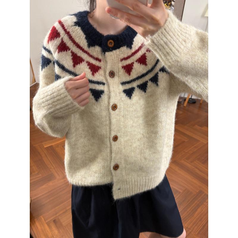 

Винтажный свитер-жакет Fair Isle женский осенне-зимний новый с круглым вырезом свободный и универсальный мягкий восковой вязаный кардиган One size