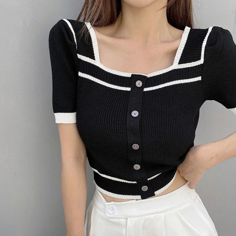 Damen Retro-Strick-Kurzarm-T-Shirt mit quadratischem Ausschnitt und Neckholder-Kurzoberteil