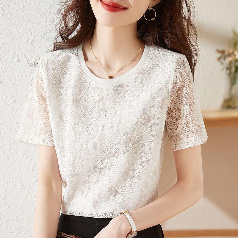 Lace Short-sleeved T-shirt Women's New Design Niche Loose Slim Chiffon Shirt White Top