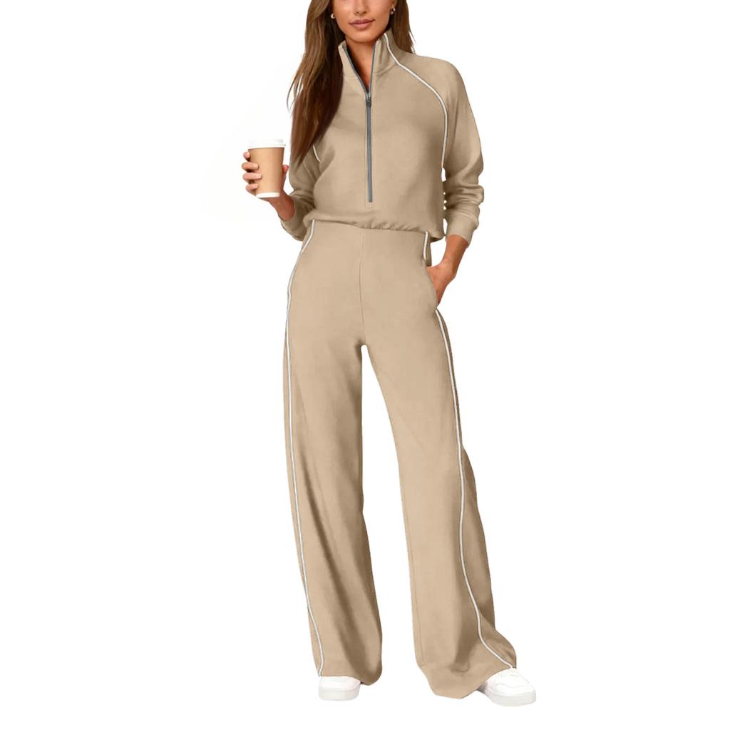 Women's Fashionable Casual Long-Sleeved -Color Sweatshirt And Wide-Leg Pants Two-Piece Set