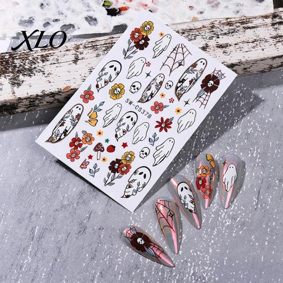 Nail Art Stickers Halloween Stickers, Ghost Flower Skull Spider Web Self-Adhesive DIY Decorations Manicure Decals, Supplies for Women Girls
