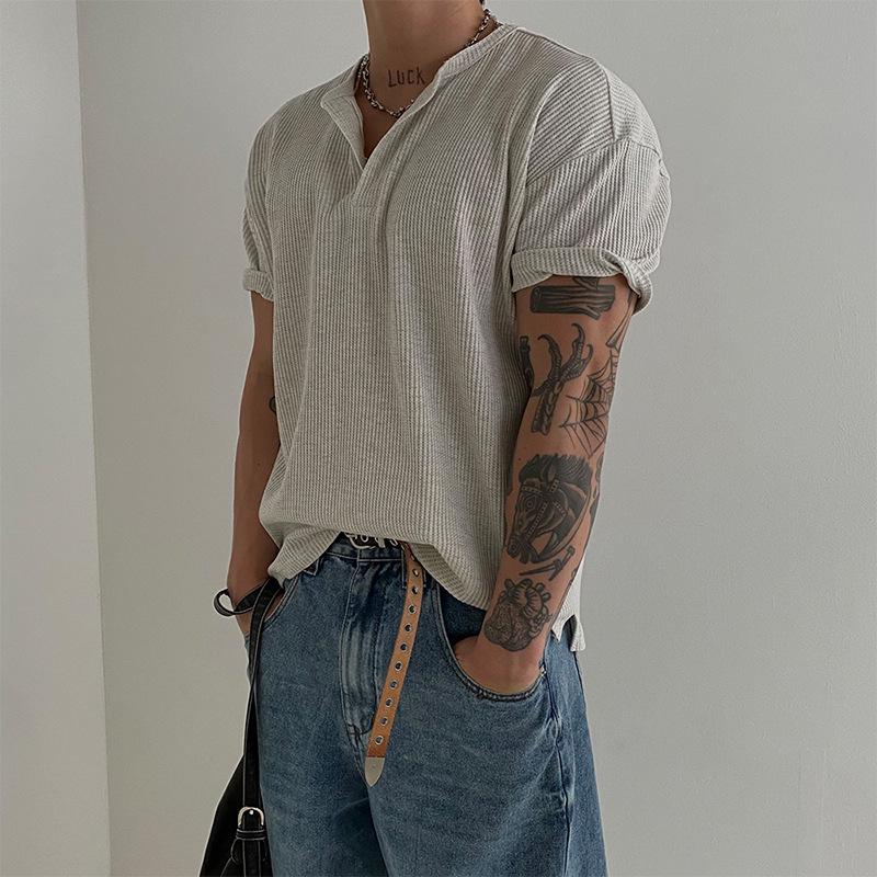 Men s Korean Style Henley Collar Short Sleeve Casual T-shirt Medium серый/белый