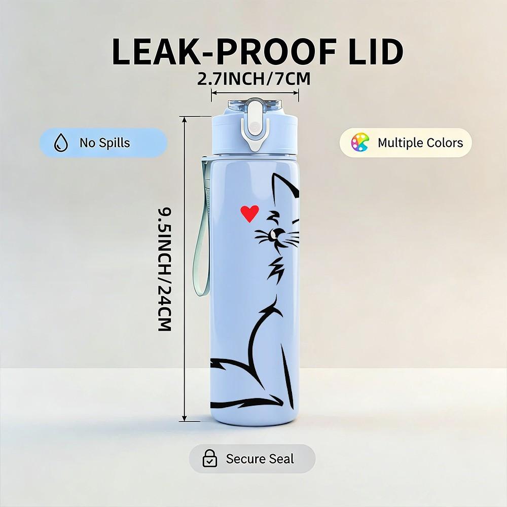 1PC White Cat Sitting Simple Sketch Print 750ml Color Plastic Sports Water Bottle Leakproof Flip Straw Lid Suitable for Sports Office Home Use