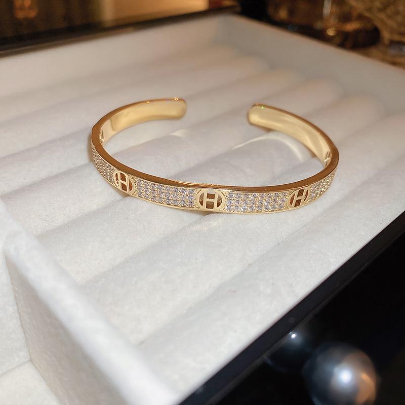 Gold Plated Zircon Titanium Steel Korean Minimalist Bangle | Versatile High-End Bracelet for Women