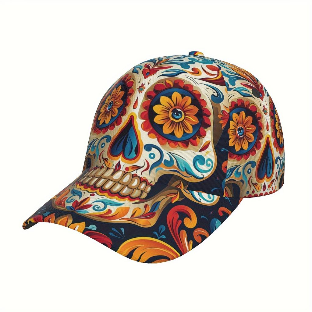 Gothic Sugar Skull Print Baseball Cap Adjustable Breathable Lightweight | Daily Wear Outdoor Activities