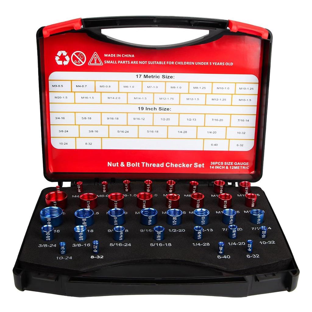 36-teiliges Set Mutter- und Bolzengewinde-Prüfer 19 Stück Zoll und 17 Stück metrisch Bolzen- und Mutter-Identifikator-Messgerät mit Aufbewahrungsbox
