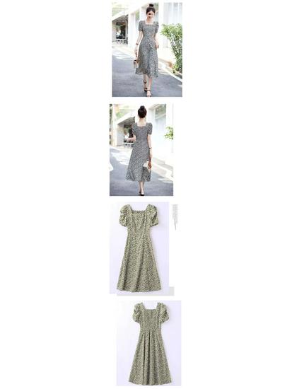 Chic French Floral Print Knee-Length A-Line Dress for Women: Summer Tea Style with Waist-Cinch and Slit Detail