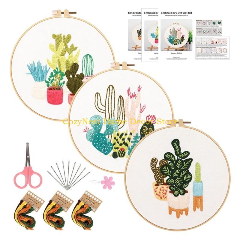 92MF 3 Sets Flower Embroidery Set Include Instruction 3 Patterned Embroidery Cloth Stitching Hoop Thread Scissors and Needle