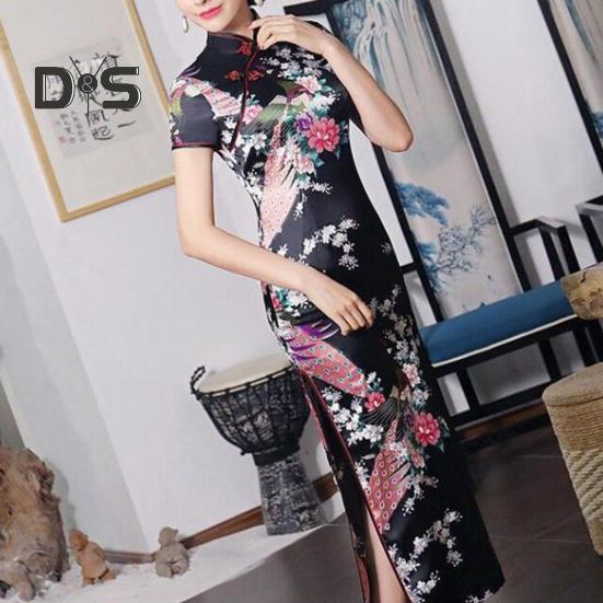 Women Dress Chinese National Style Floral Print Stand Collar Short Sleeves High Side Split Chinese Knot Buttons Cheongsam Satin Silky Slim Fit Summer