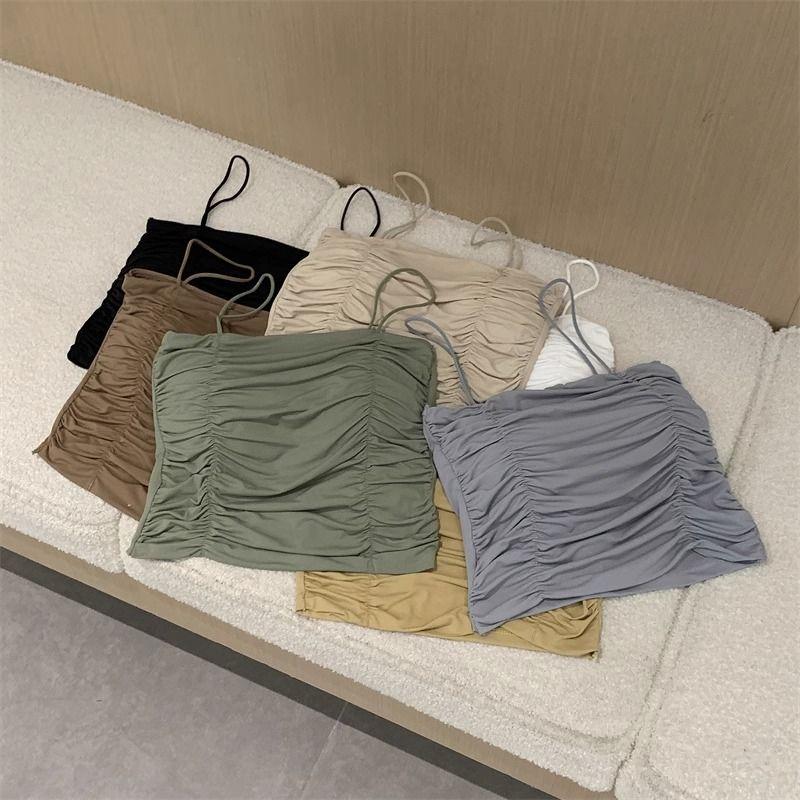 Wrinkled Camisole Vest for Women Strapless Off The Shoulder Wearing Ice Silk Thin Short Top for Summer