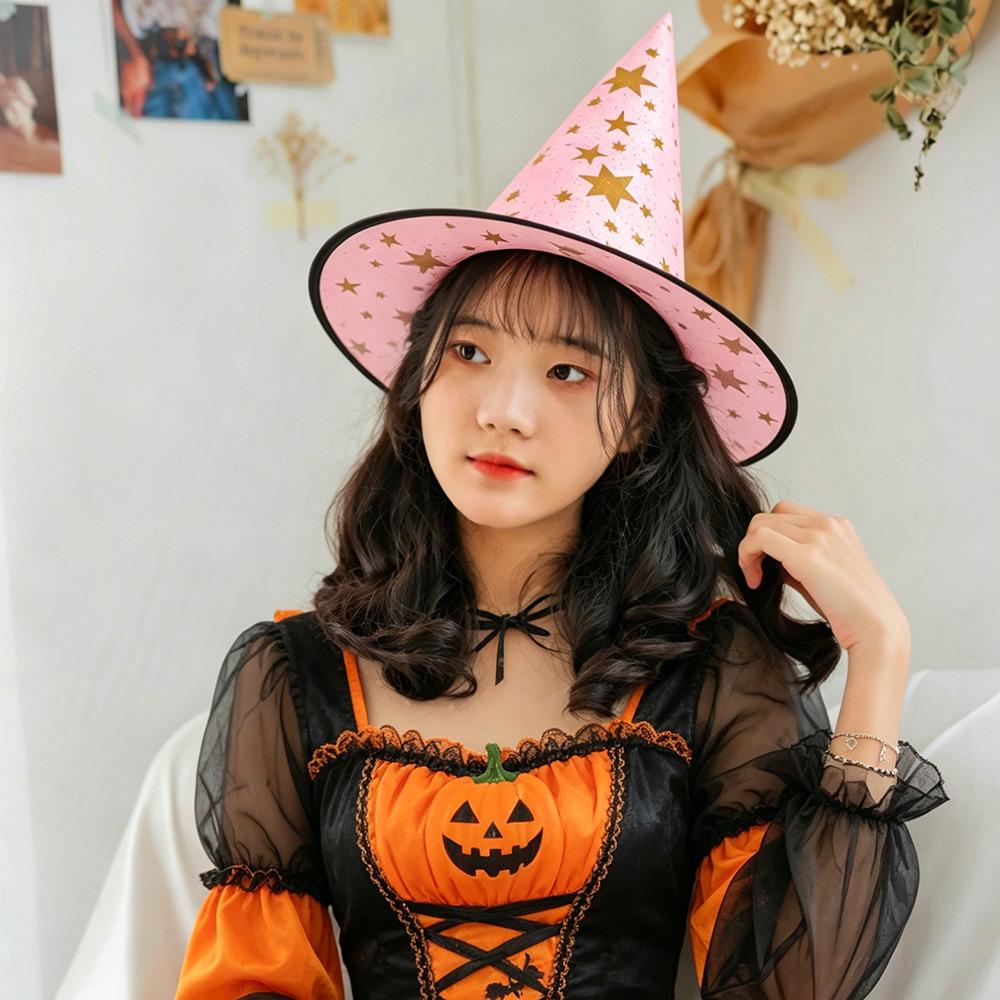 Wizard Costume Halloween Hat with Five-Pointed Stars for Kids and Adults