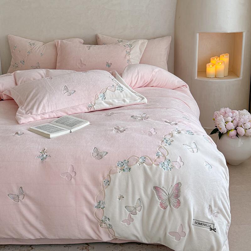 OEING Butterfly Love Flower Embroidered Milk Velvet Bedding Set