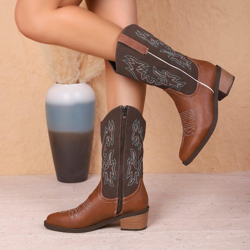 Autumn New Martin Boots Western Cowboy Boots Women's Boots Embroidered Tall Heel Medium Heel Women's