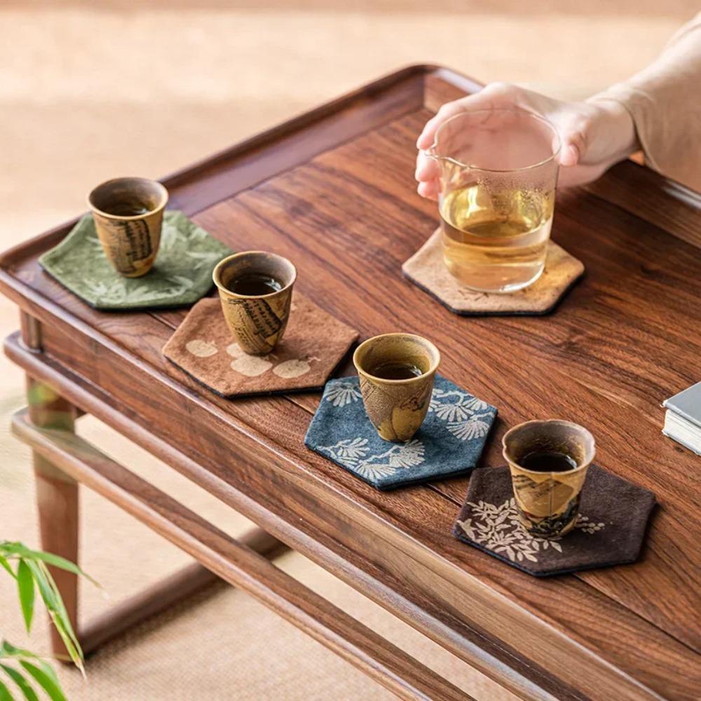 Tie-Dye Fabric Chinese Vintage Tea Cup Coaster Hexagonal Heat-Resistant Tea Cup Insulated Mat Anti-Scalding Non-slip