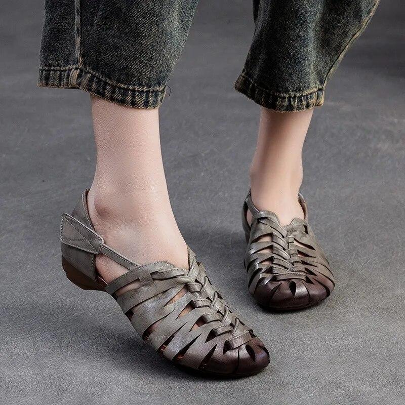Johnature Sandali traspiranti cavi in vera pelle Scarpe da donna retrò comode e versatili