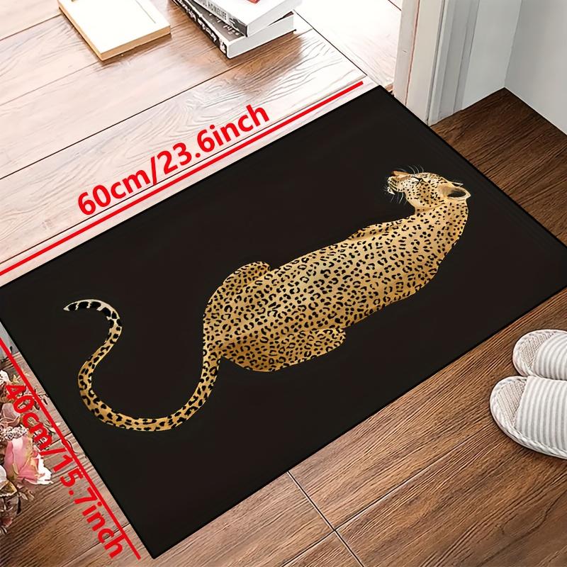 1pc Leopard Print Area Mat-Machine Washable, Decorative Carpet with Black Background and Gold Leopard Design