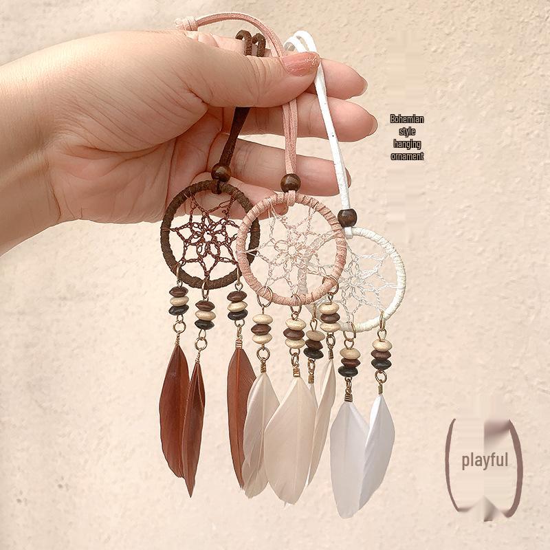 Bohemian Southeast Asian Dreamcatcher Feather Car Pendant Chimes - Handmade Holiday Hanging Ornaments with Three Pendants