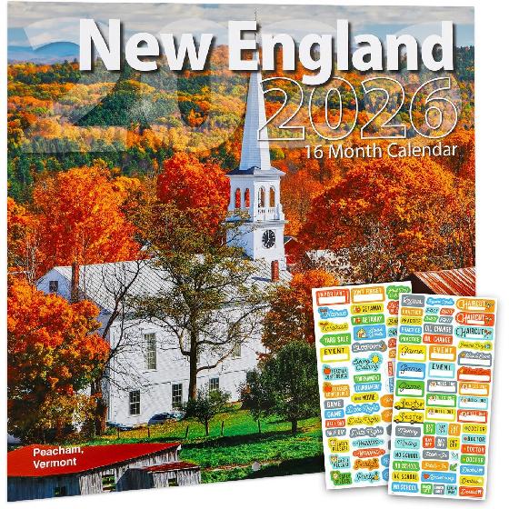 New England Calendar 2026 - Deluxe 2026 New England Wall Calendar Bundle with Over 100 Calendar Reminder Stickers (n Gifts, Office Supplies)