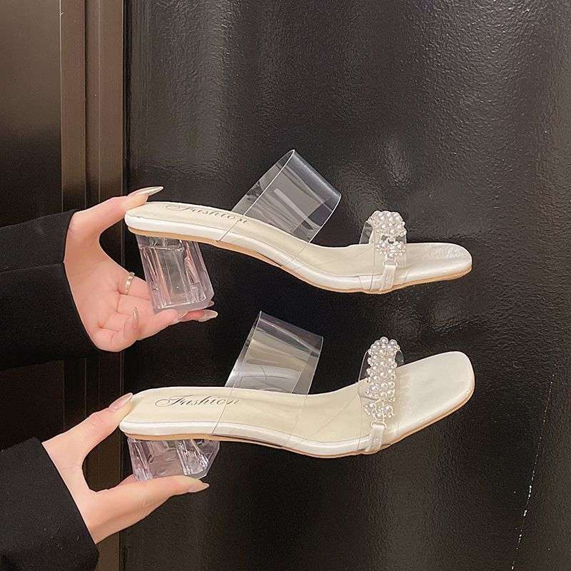Transparent Sandals Women's High Heels Summer 2025 New Middle Heel Fashion Crystal Thick Heel Outer Wear Rhinestone Cool Slippers